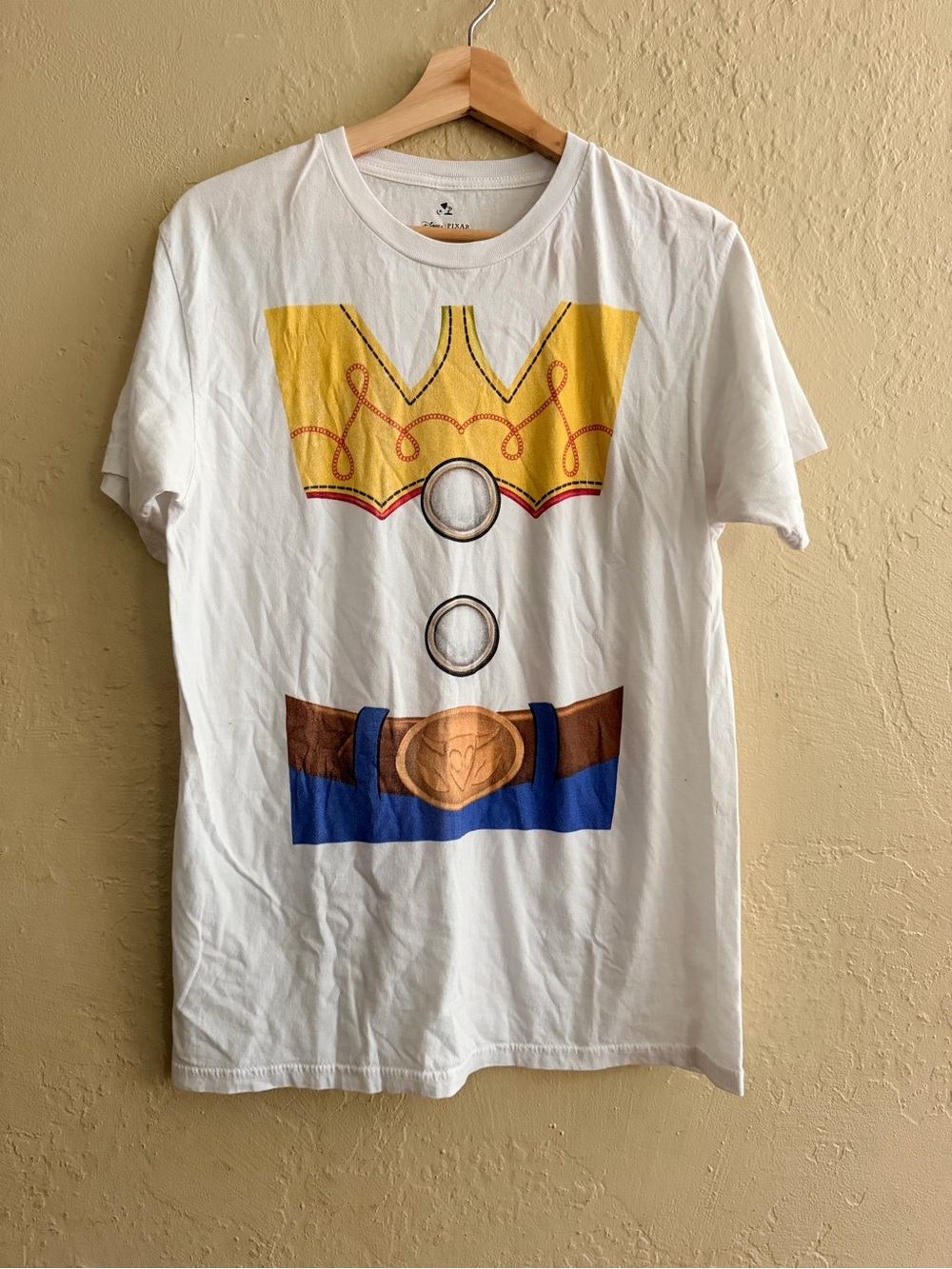 White Graphic Short Sleeve Tee with Yellow and Blue Costume Print